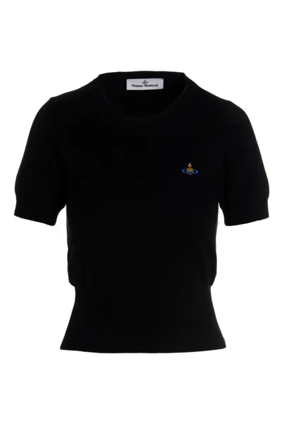 Vivienne Westwood Fitted Short Puff Sleeve Sweater With Embroidered Emblem In Black