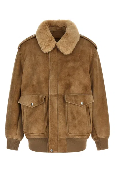 Prada Shearling-collar Patch-pocket Jacket In Brown