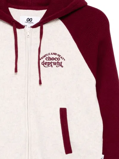 Chocoolate Embroidered-slogan Hooded Cardigan In Red