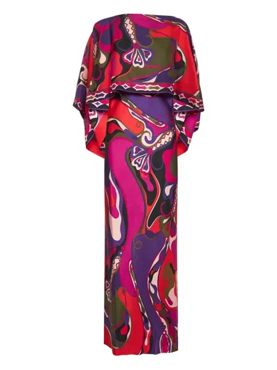 Pucci Orchidee-print Cape-detail Maxi Dress In Multi