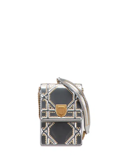 Pre-owned Dior 2018 Metallic Studded Calfskin Vertical Ama Crossbody Bag In Silver