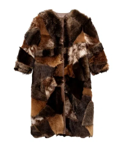Prada Patchwork Shearling Coat In Brown