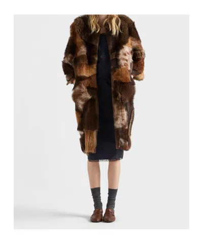 Prada Patchwork Shearling Coat In Brown