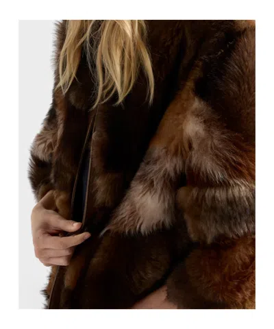 Prada Patchwork Shearling Coat In Brown