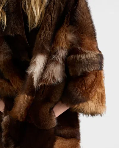 Prada Patchwork Shearling Coat In Brown