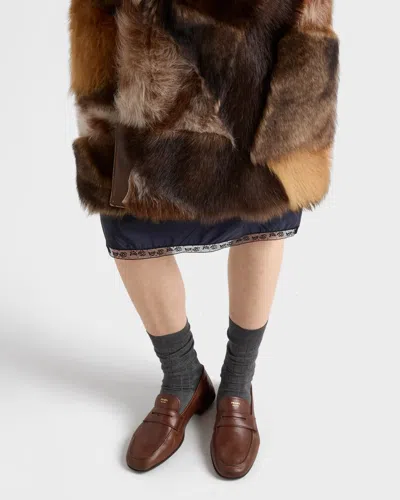 Prada Patchwork Shearling Coat In Brown