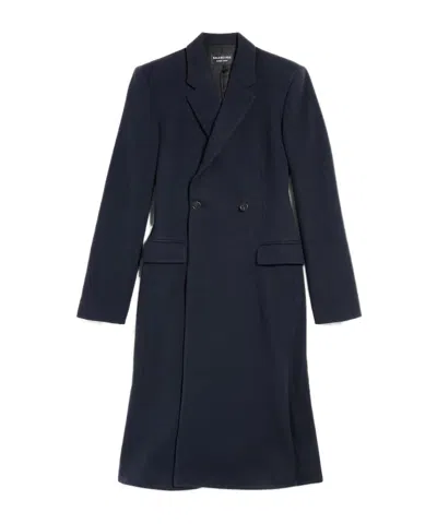 Balenciaga Women Godet Midi Double-breasted Wool Coat In Blue