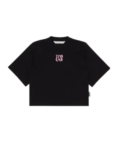 Palm Angels Crew Neck Short Sleeve Embroidered T-shirt In Black