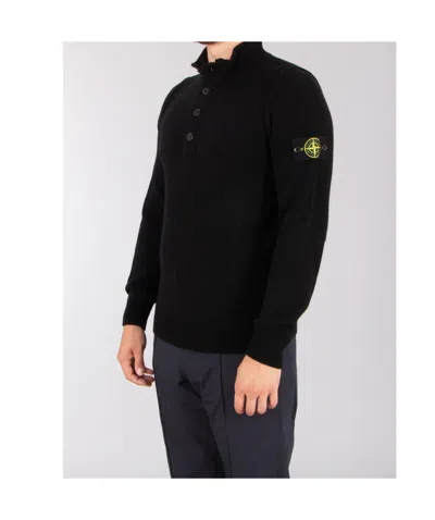 Stone Island High Collar Pullover With Buttoned Placket And Logo Patch In Black