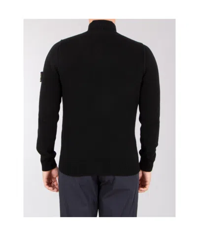 Stone Island High Collar Pullover With Buttoned Placket And Logo Patch In Black