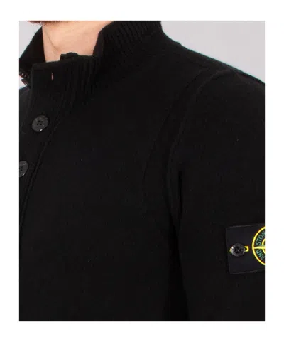 Stone Island High Collar Pullover With Buttoned Placket And Logo Patch In Black