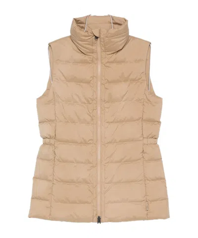 Woolrich Quilted Beige Jacket With High Stand Collar In Brown