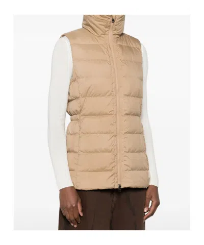 Woolrich Quilted Beige Jacket With High Stand Collar In Brown