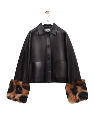 Loewe Leopard-print Shearling-trimmed Glossed-leather Jacket In Black