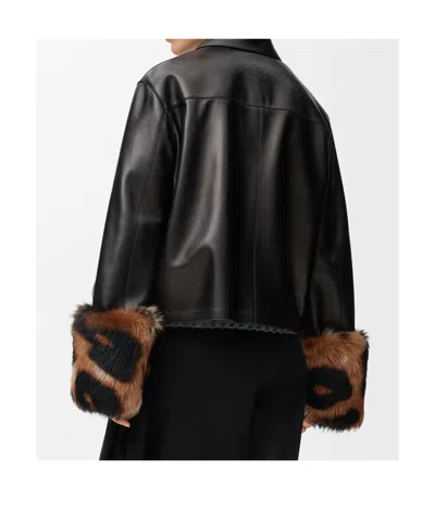 Loewe Leopard-print Shearling-trimmed Glossed-leather Jacket In Black