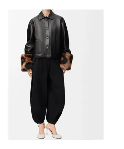 Loewe Leopard-print Shearling-trimmed Glossed-leather Jacket In Black