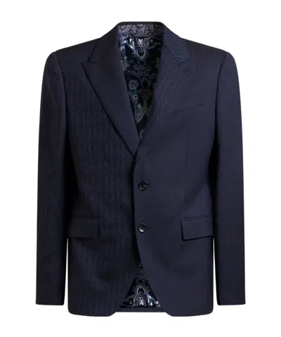 Etro Jacquard Wool Blazer In Blue