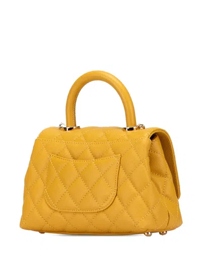Pre-owned Chanel 2021-2025 Extra Mini Quilted Caviar Coco Top Handle Bag Satchel In Yellow