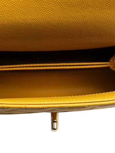 Pre-owned Chanel 2021-2025 Extra Mini Quilted Caviar Coco Top Handle Bag Satchel In Yellow