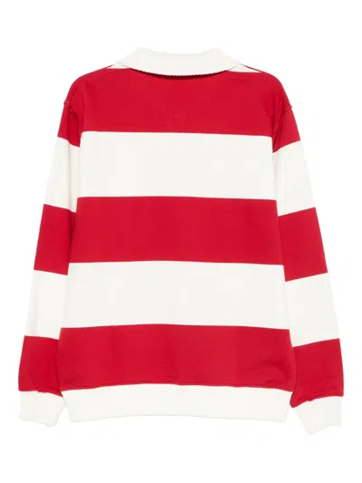 Drôle De Monsieur Striped Long Sleeve Polo Shirt With Embroidery In Red