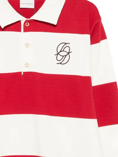 Drôle De Monsieur Striped Long Sleeve Polo Shirt With Embroidery In Red