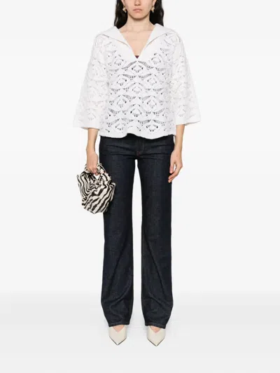 Tabaroni Cashmere Openwork White Knit Top With Scalloped Hem In White