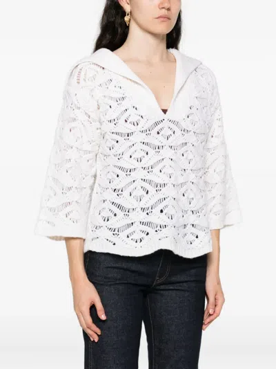 Tabaroni Cashmere Openwork White Knit Top With Scalloped Hem In White