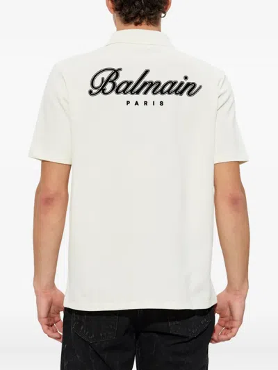 Balmain College Emblem Short-sleeve Polo Shirt In White