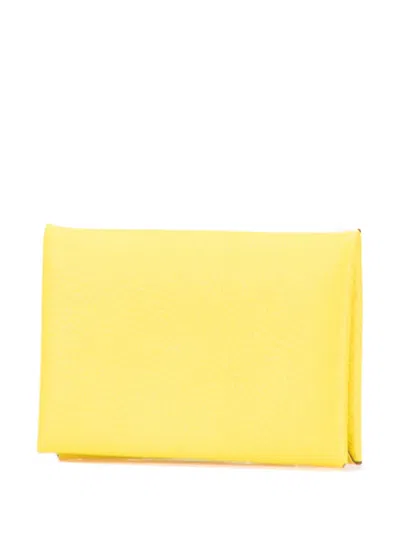 Pre-owned Hermes 2022 Chevre Mysore Calvi Card Holder Coin Pouch In Yellow