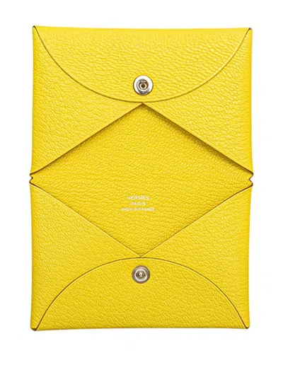 Pre-owned Hermes 2022 Chevre Mysore Calvi Card Holder Coin Pouch In Yellow