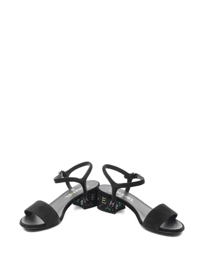 Pre-owned Chanel 1986-1988 Rhinestone Logo Heel Sandals In Black