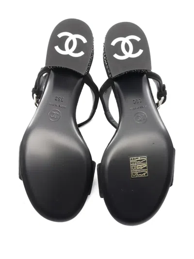 Pre-owned Chanel 1986-1988 Rhinestone Logo Heel Sandals In Black