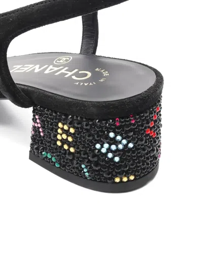 Pre-owned Chanel 1986-1988 Rhinestone Logo Heel Sandals In Black