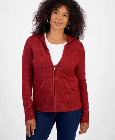 Style & Co Petite Luxsoft Full-zip Hoodie Sweater,, Macy's Exclusive In Red
