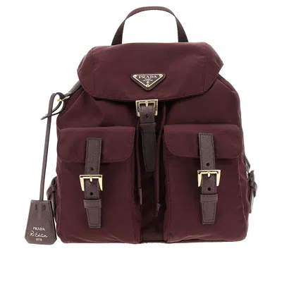 Prada Bordeaux Re-nylon Backpack With Golden Hardware In Red