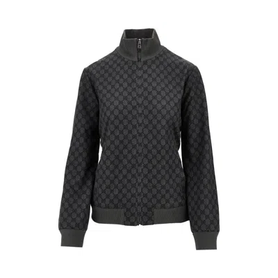Gucci Grey Sweatshirt With High Neck And All-over Gg Print In Tech Fabric Woman In Black