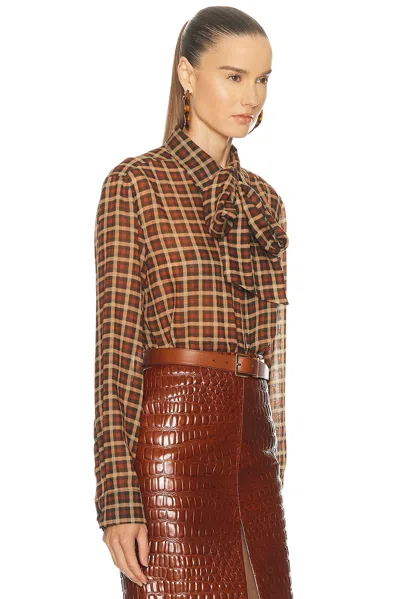 Saint Laurent Wool Shirt Jacket Bow Detail Checks In Brown