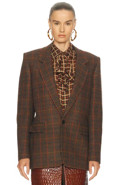 Saint Laurent Wool Check Single-breasted Jacket With Notched Collar In Brown