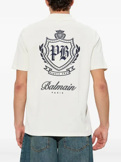 Balmain Emblem Buttoned Polo Shirt In White