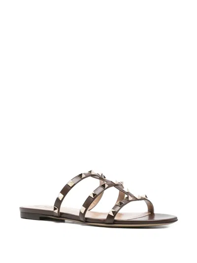 Valentino Rockstud Slide Sandal In Laminated Nappa With Cabochon In Brown