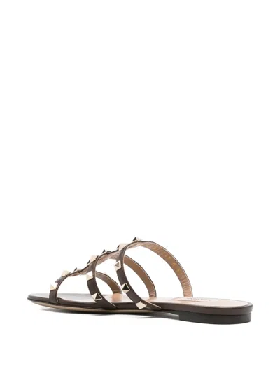 Valentino Rockstud Slide Sandal In Laminated Nappa With Cabochon In Brown