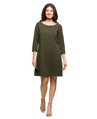 24seven Comfort Apparel Women's Three Quarter Sleeve A Line Knee Length Dress In Green
