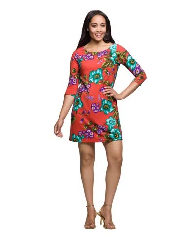 24seven Comfort Apparel Women's Orange Floral Print Three Quarter Sleeve A Line Knee Length Dress In Multi