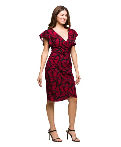 24seven Comfort Apparel Women's Burgundy Print Flutter Sleeve Faux Wrap Dress In Multi