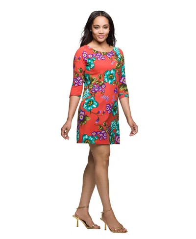 24seven Comfort Apparel Women's Orange Floral Print Three Quarter Sleeve A Line Knee Length Dress In Multi