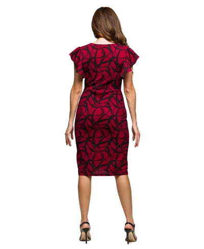 24seven Comfort Apparel Women's Burgundy Print Flutter Sleeve Faux Wrap Dress In Multi