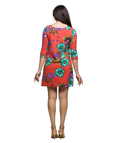 24seven Comfort Apparel Women's Orange Floral Print Three Quarter Sleeve A Line Knee Length Dress In Multi