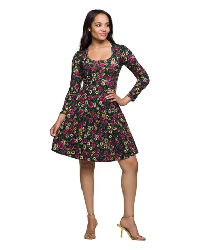 24seven Comfort Apparel Women's Floral Print Long Sleeve Fit And Flare Mini Dress In Multi
