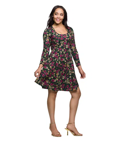 24seven Comfort Apparel Women's Floral Print Long Sleeve Fit And Flare Mini Dress In Multi