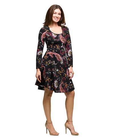24seven Comfort Apparel Women's Black Paisley Print Long Sleeve Fit And Flare Dress In Multi